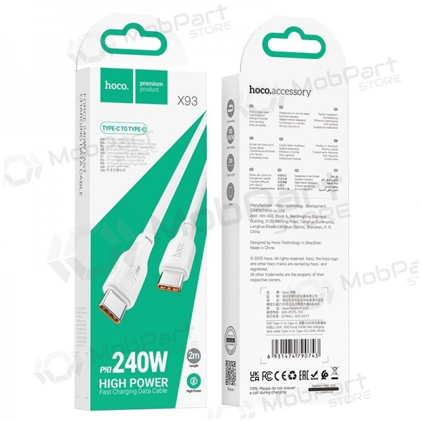 USB kabel Hoco X93 60W USB-C to USB-C 2.0m bílý