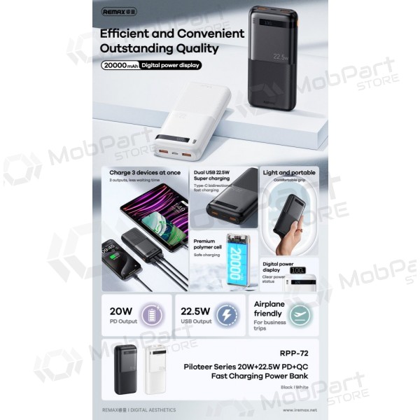Externí baterie Power Bank Remax RPP-72 22.5W 20000mAh černá