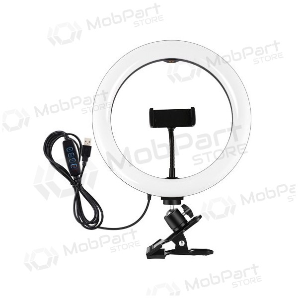 LED žiedinė svítilna 26cm, su telefono laikikliu a spaustuku, USB