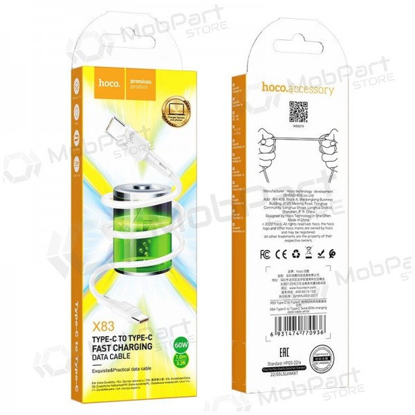 USB kabel Hoco X83 60W Type-C to Type-C 1.0m bílý