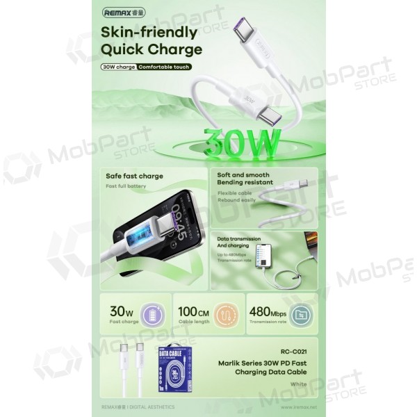 USB kabel Remax RC-C021 USB-C to USB-C 30W 2.0m bílý