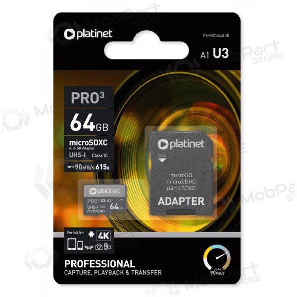 Paměťová karta Platinet MicroSD 64GB (class10 UHS-III 90MB/S) + SD Adaptér