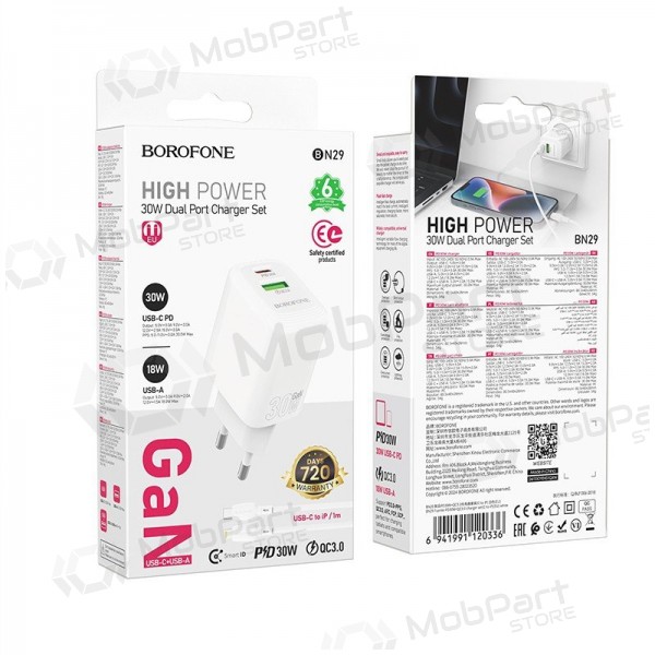 Nabíječka Borofone BN29 30W USB-C/USB-A + USB-C to Lightning cable 1.0m bílý