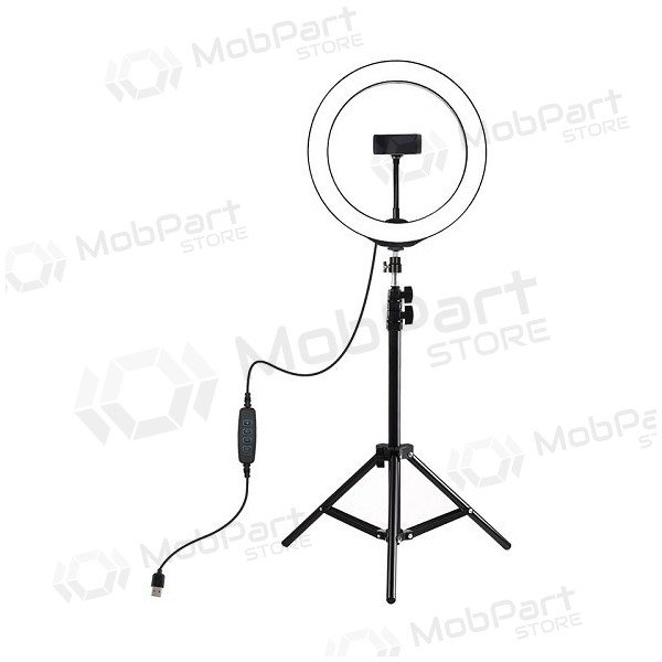 LED žiedinė svítilna 26cm, su trikoju stovu iki 1.1m a telefono laikikliu, USB