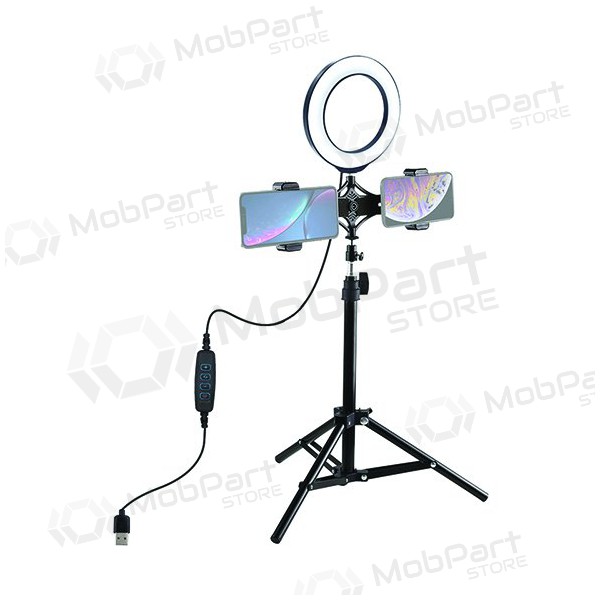 LED žiedinė svítilna 16cm, su trikoju stovu iki 70cm a dvigubu telefono laikikliu, USB