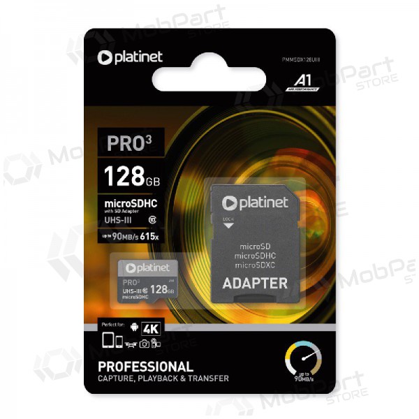 Paměťová karta Platinet MicroSD 128GB (class10 UHS-III 90MB/S) + SD Adaptér