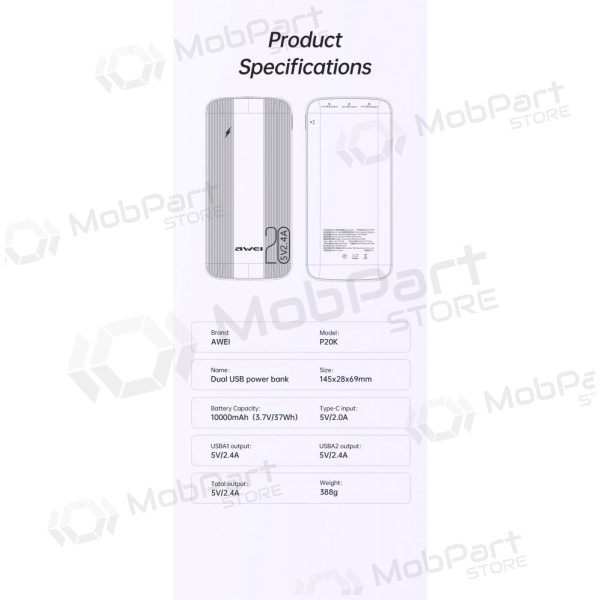 Externí baterie Power Bank Awei P19K 5V/2.4A 20000mAh černá