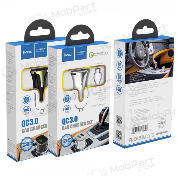 Nabíječka automobilinis Hoco Z31 Quick Charge 3.0 (3.4A) x 2 USB + microUSB (bílý)