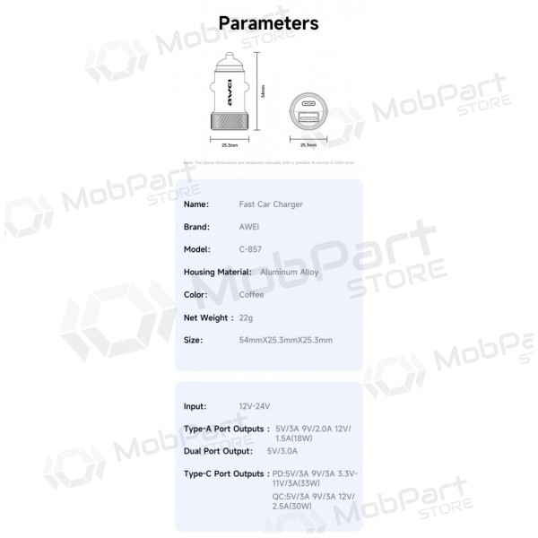 Nabíječka do auta Awei C-857 33W USB-C/USB-A černá